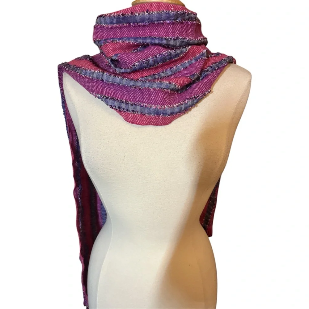 Per Una Pink,Purple Striped Cotton & Wool Blend Scarf  metallic fringe 13”Wx69”L